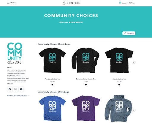 Screenshot of tshirts for sale by Community Choices